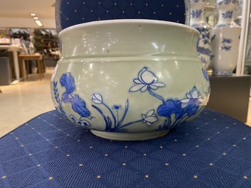 A Chinese blue and white celadon-ground censer, Kangxi